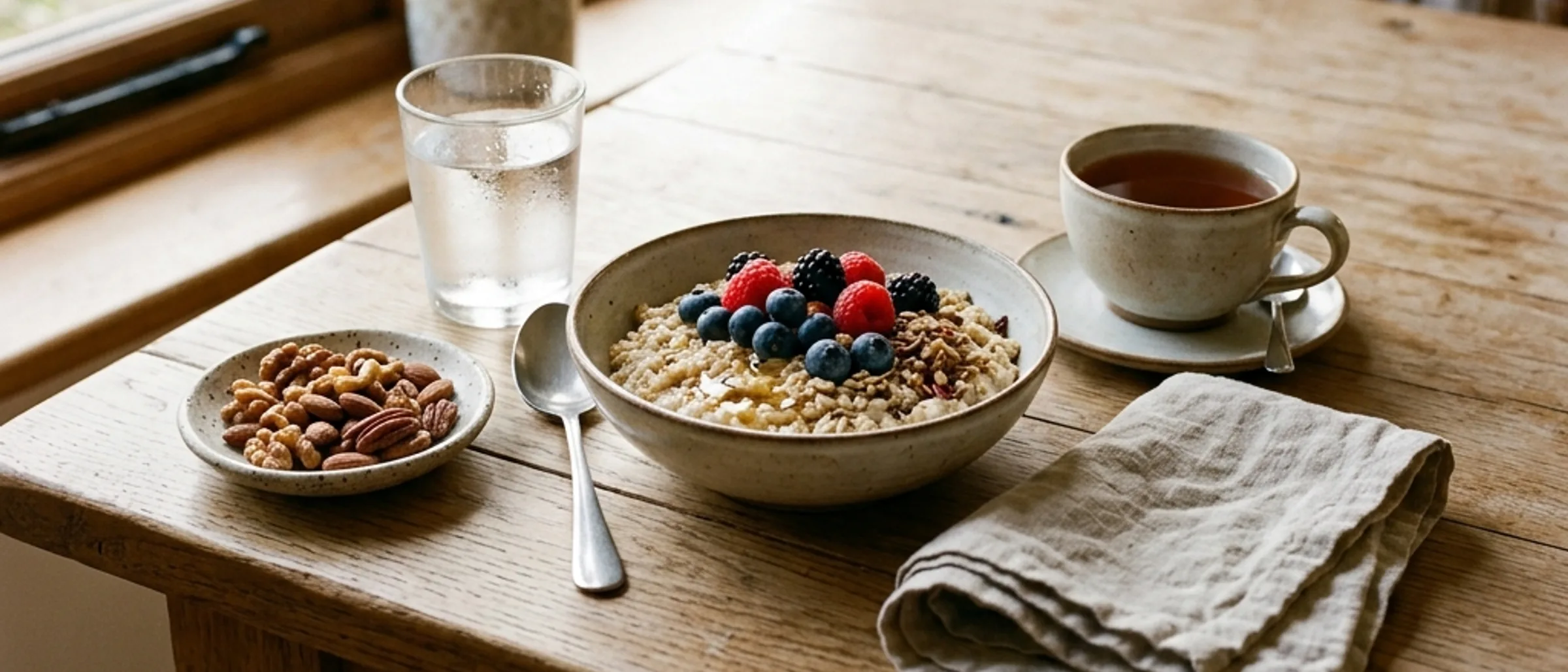 A wide breakfast table in morning light with a bowl of oats and berries, nuts, a glass of water and a cup of tea.